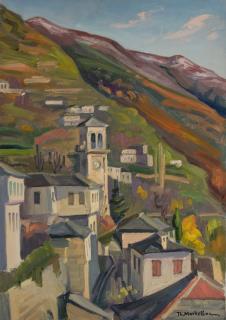 Makrinitsa, View with Bell Tower — Oil painting, Canvas, 46.00×65.00cm — Theodoros Markellos